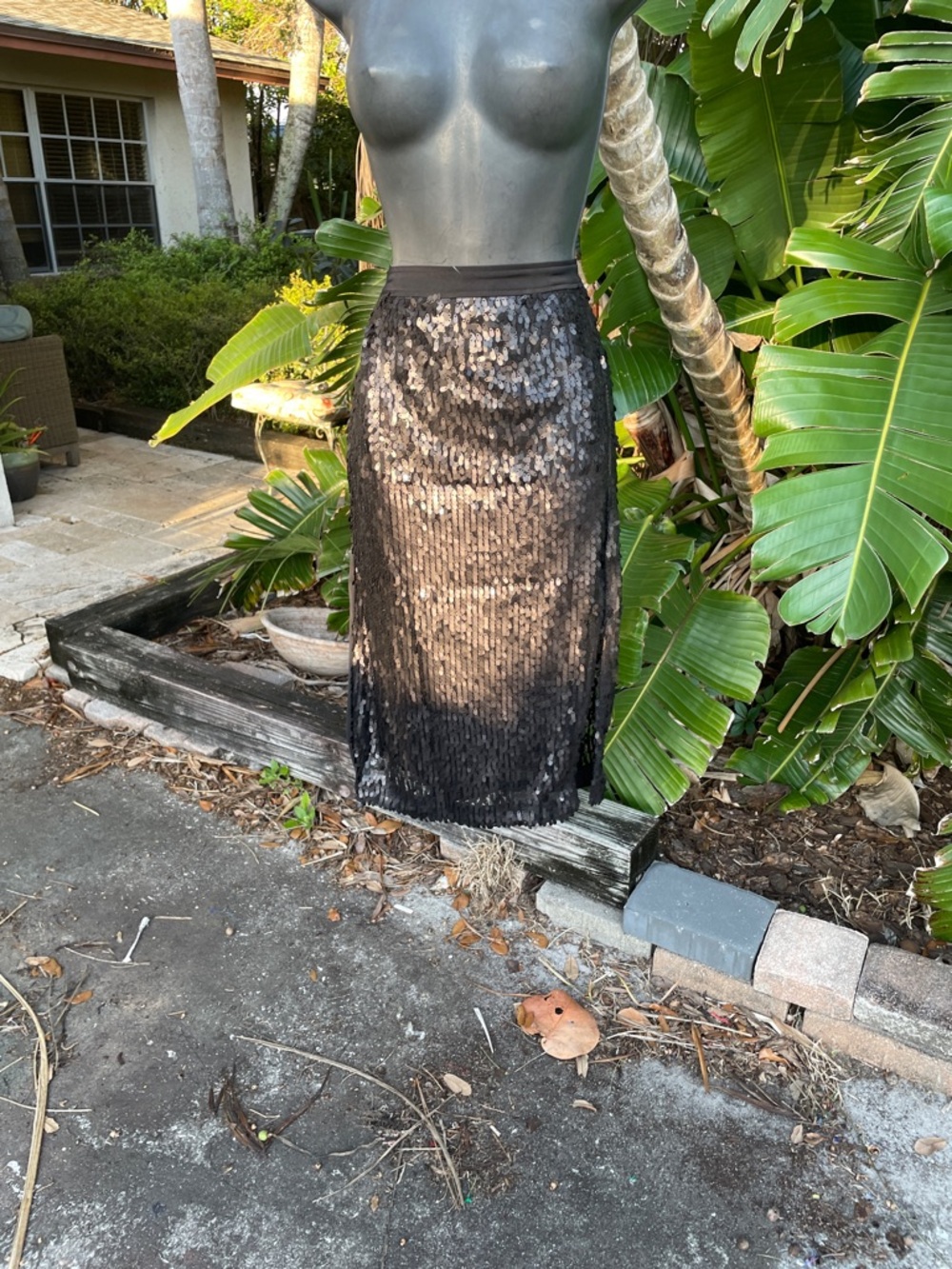 pewter, black sequin pencil skirt with front slip